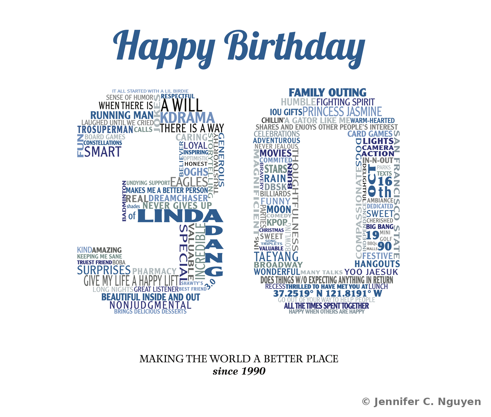 Birthday word-cloud portrait arranging descriptive words, favorite shows, and personal traits into the shape of the number 30, topped with a Happy Birthday script header in blue and the tagline Making the World a Better Place since 1990