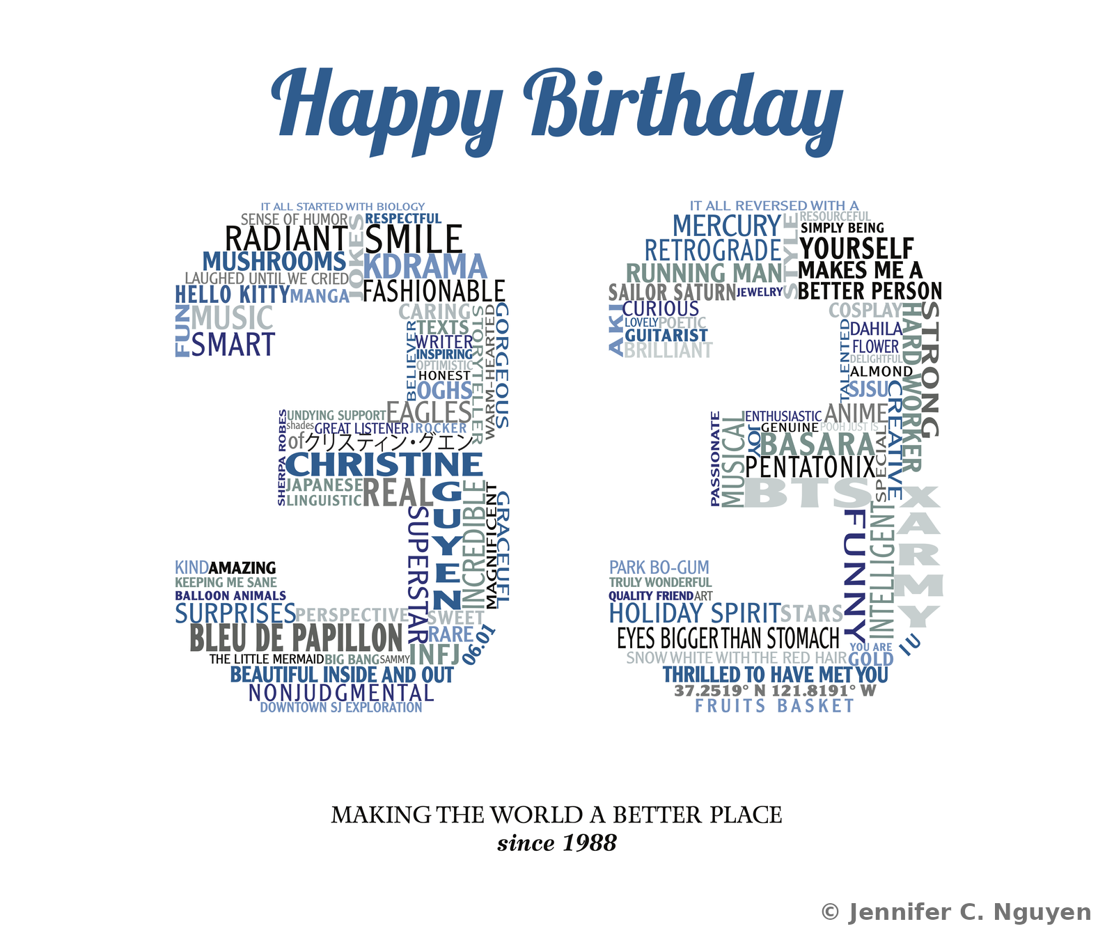 Birthday word-cloud portrait arranging descriptive words, favorite shows, and personal traits into the shape of the number 33, topped with a Happy Birthday script header in blue and the tagline Making the World a Better Place since 1988