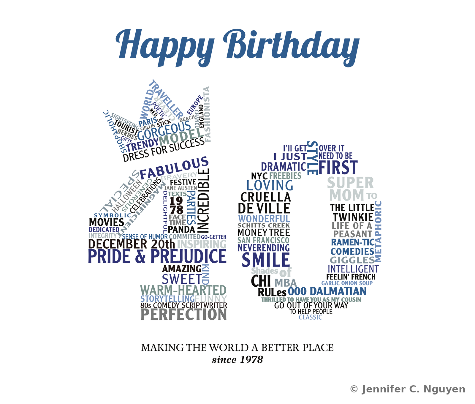 Birthday word-cloud portrait arranging descriptive words, favorite films, inside jokes, and personal traits into the shape of the number 40, topped with a Happy Birthday script header in blue and the tagline Making the World a Better Place since 1978