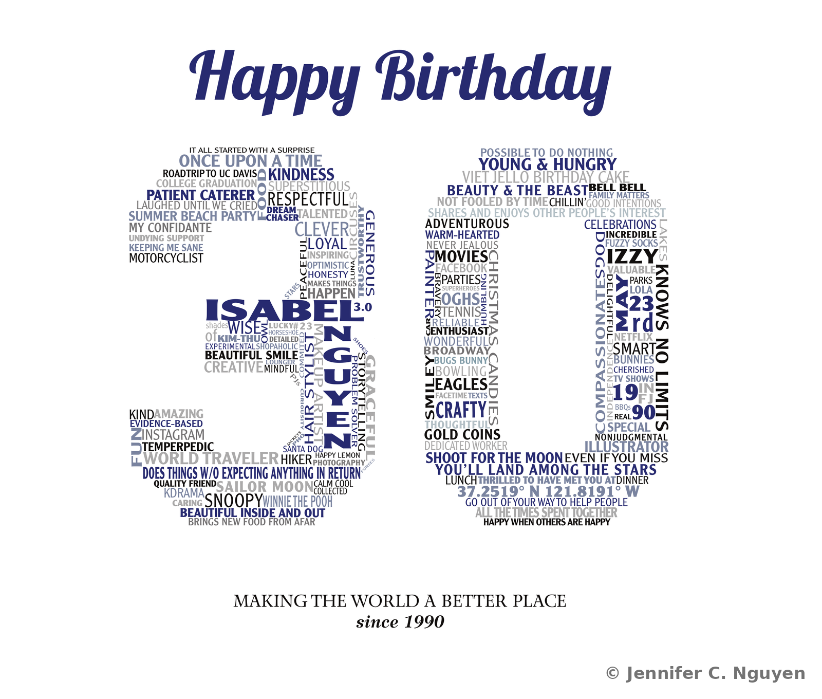 Birthday word-cloud portrait arranging descriptive words, favorite shows, and personal traits into the shape of the number 30, topped with a Happy Birthday script header in navy and the tagline Making the World a Better Place since 1990