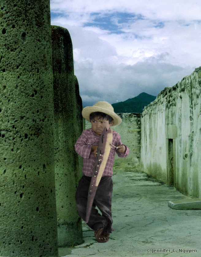 Colorized and re-composited version of the same photograph, showing the boy in color, placed into a new outdoor scene with ancient stone walls, mountains, and a cloudy sky