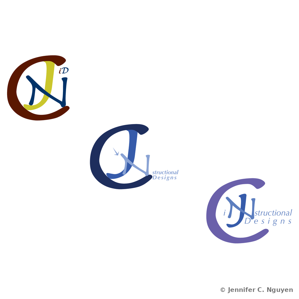 Side-by-side size and color comparison of three CJN monogram variants: a maroon, yellow-green, and navy version with an iD mark, a navy and blue version paired with Structional Designs text, and a purple and blue version paired with Instructional Designs text