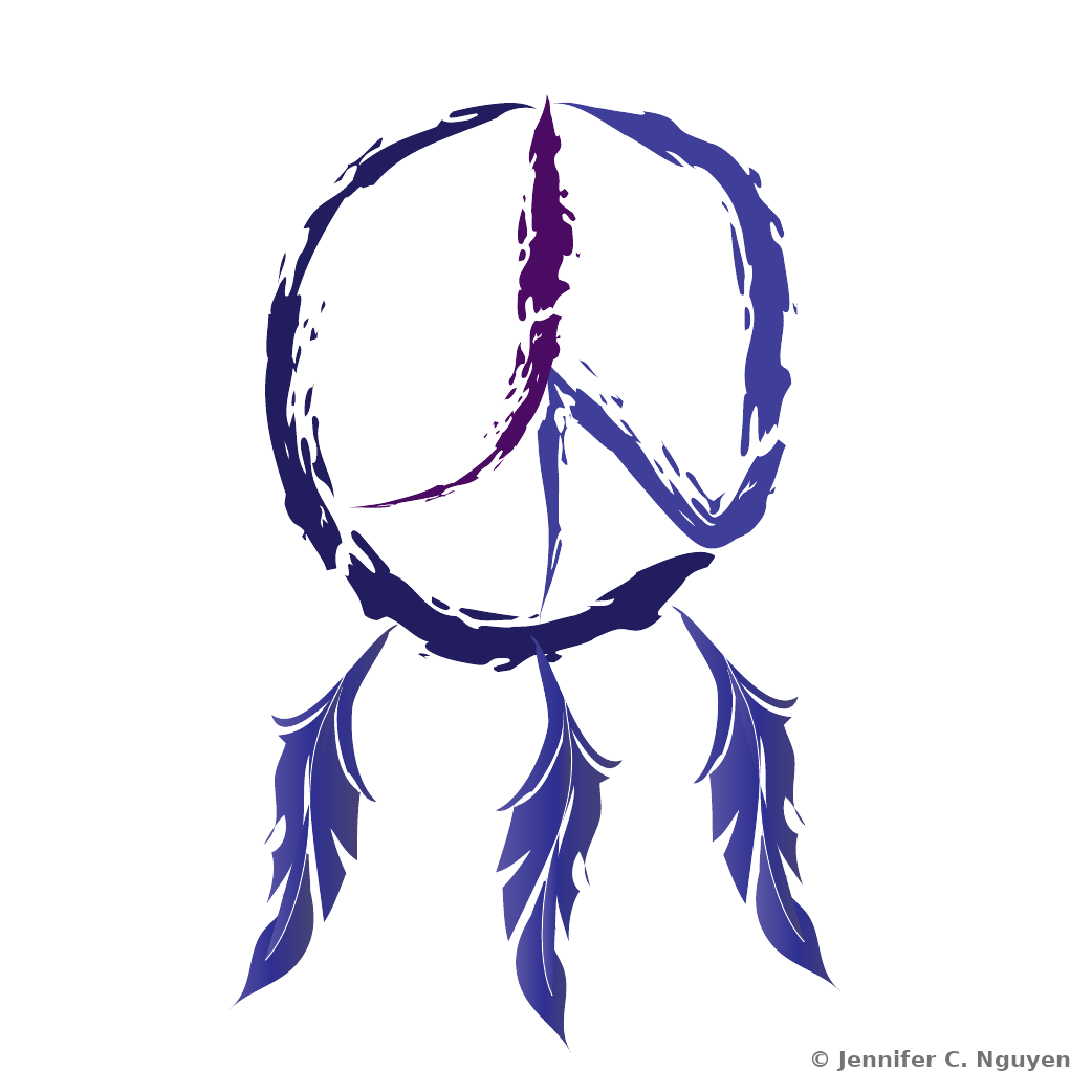 Dreamcatcher peace-sign mark with feathers in a purple and blue color study, without accompanying text