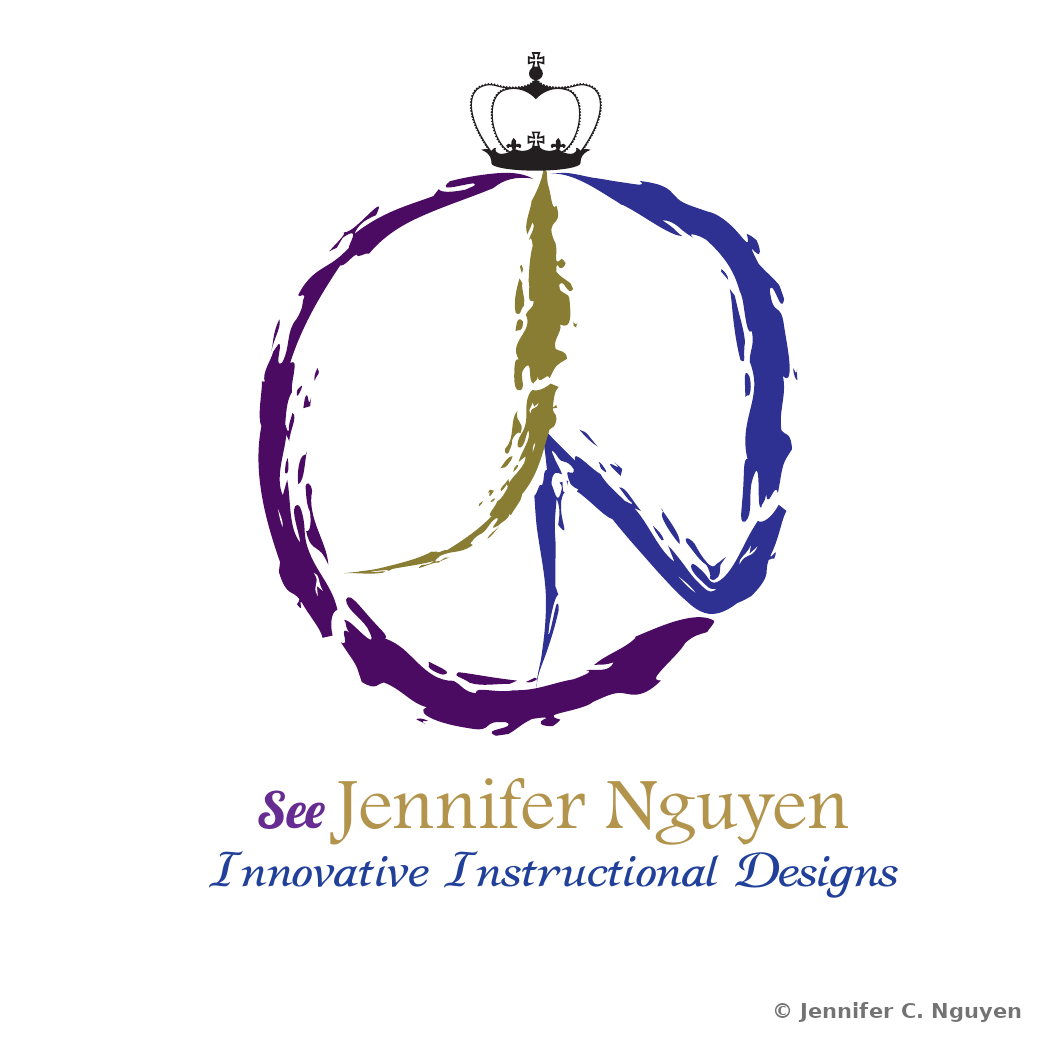 Dreamcatcher peace-sign mark with feathers in purple, blue, and gold, topped with a small crown, above the wordmark See Jennifer Nguyen and the tagline Innovative Instructional Designs