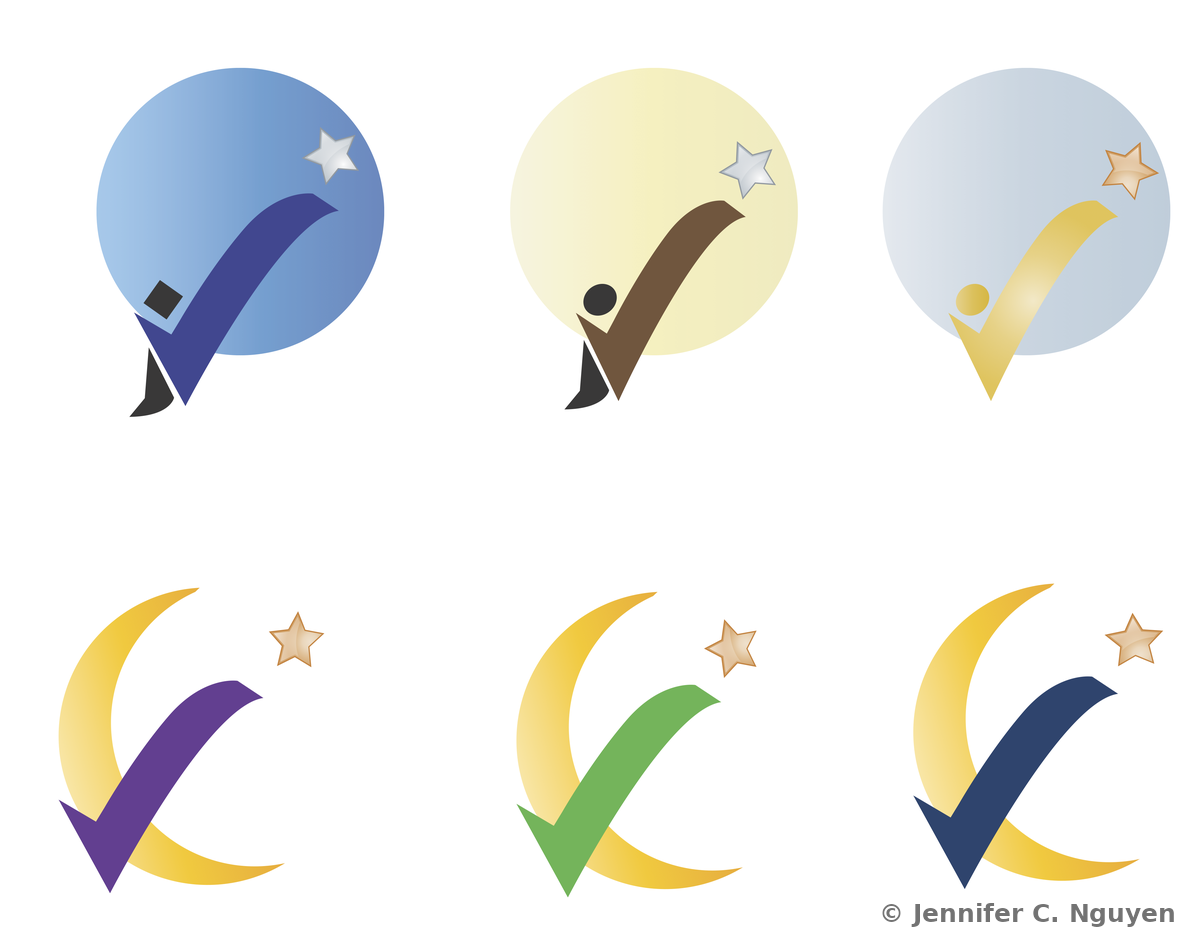 Grid of six icon concepts exploring a checkmark motif: three circular badges each pairing a colored checkmark with a small standing figure and star in blue, tan, and pale blue-gold colorways, and three crescent-moon-and-checkmark marks with a star accent in purple, green, and navy