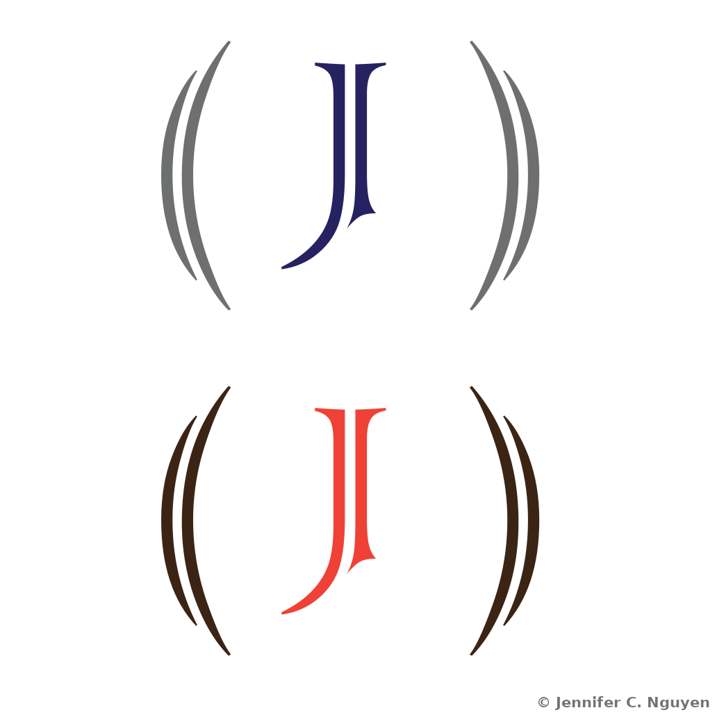 Two colorway studies of an abstract J-shaped mark flanked by curved bracket lines, shown in navy and gray on top and red and brown below