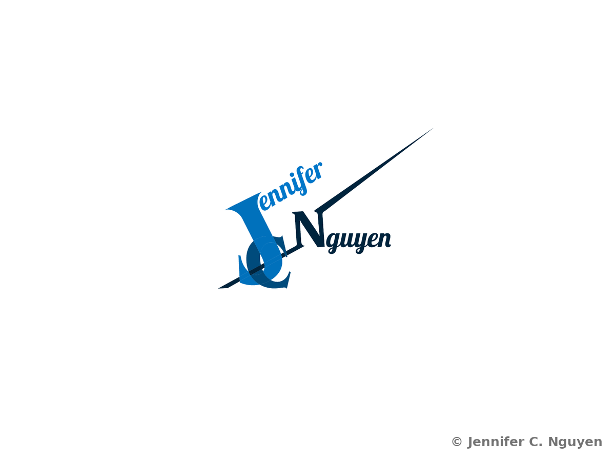 Back cover version of the same monogram, showing the cursive word Jennifer above the interlocking J, C, and N checkmark ligature, with Nguyen in bold beside it and the diagonal accent line continuing to the upper right
