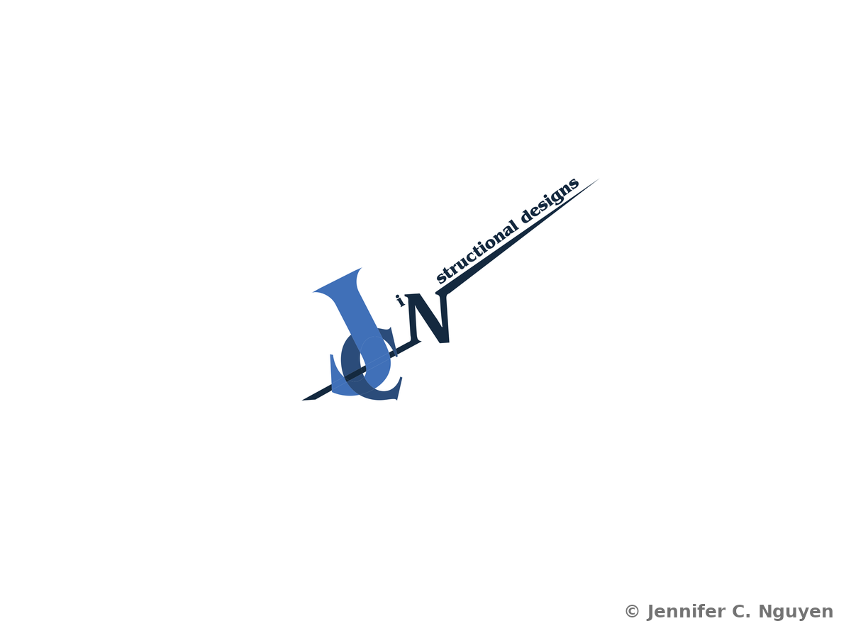 Portfolio cover logo concept featuring a blue crescent-shaped checkmark forming interlocking J, C, and N letterforms, with the cursive script structional designs trailing off in a diagonal line to the upper right