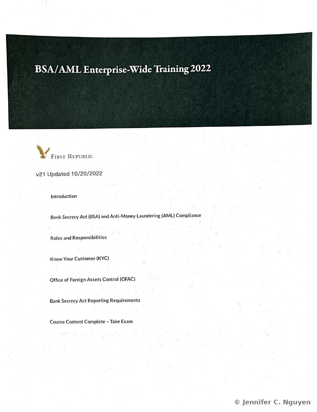 BSA/AML Enterprise-Wide Training 2022 course title page with a dark charcoal header band holding a white serif title, First Republic eagle logo below on a white background, version text reading v21 Updated 10/20/2022, and a vertical lesson menu listing Introduction, Bank Secrecy Act (BSA) and Anti-Money Laundering (AML) Compliance, Roles and Responsibilities, Know Your Customer (KYC), Office of Foreign Assets Control (OFAC), Bank Secrecy Act Reporting Requirements, and Course Content Complete - Take Exam