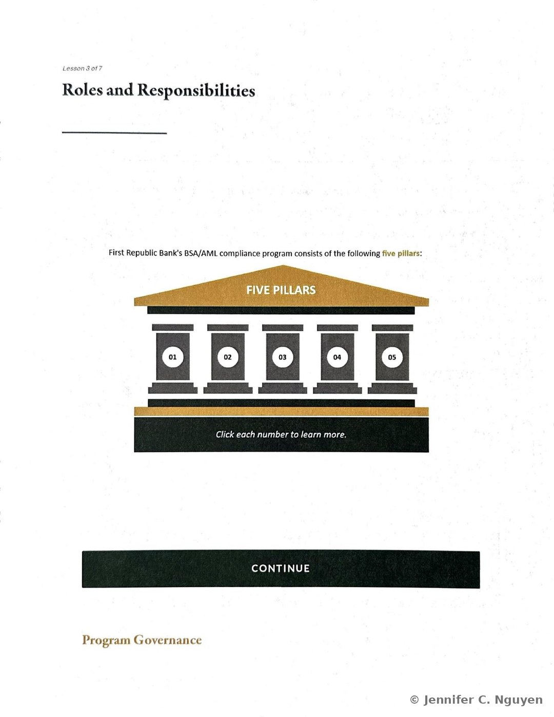 Roles and Responsibilities slide numbered Lesson 3 of 7 stating that First Republic Bank's BSA/AML compliance program consists of five pillars, illustrated by a gold pediment-roofed diagram reading FIVE PILLARS above five numbered columns, a Click each number to learn more caption, a CONTINUE button, and the start of a Program Governance heading