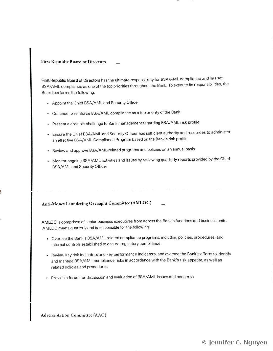 First Republic Board of Directors heading and bulleted list describing the Board's ultimate responsibility for BSA/AML compliance, including appointing the Chief BSA/AML and Security Officer and reviewing quarterly reports, followed by an Anti-Money Laundering Oversight Committee (AMLOC) heading and bulleted list describing its quarterly oversight of BSA/AML-related compliance programs, and the start of an Adverse Action Committee (AAC) heading