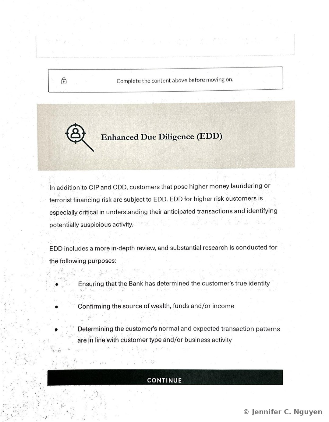 Enhanced Due Diligence (EDD) section with a magnifying-glass icon and paragraph text explaining that customers posing higher money laundering or terrorist financing risk are subject to EDD, followed by a bulleted list of EDD purposes covering ensuring the Bank has determined the customer's true identity, confirming the source of wealth, funds, and income, and determining whether the customer's normal and expected transaction patterns are in line with their customer type or business activity