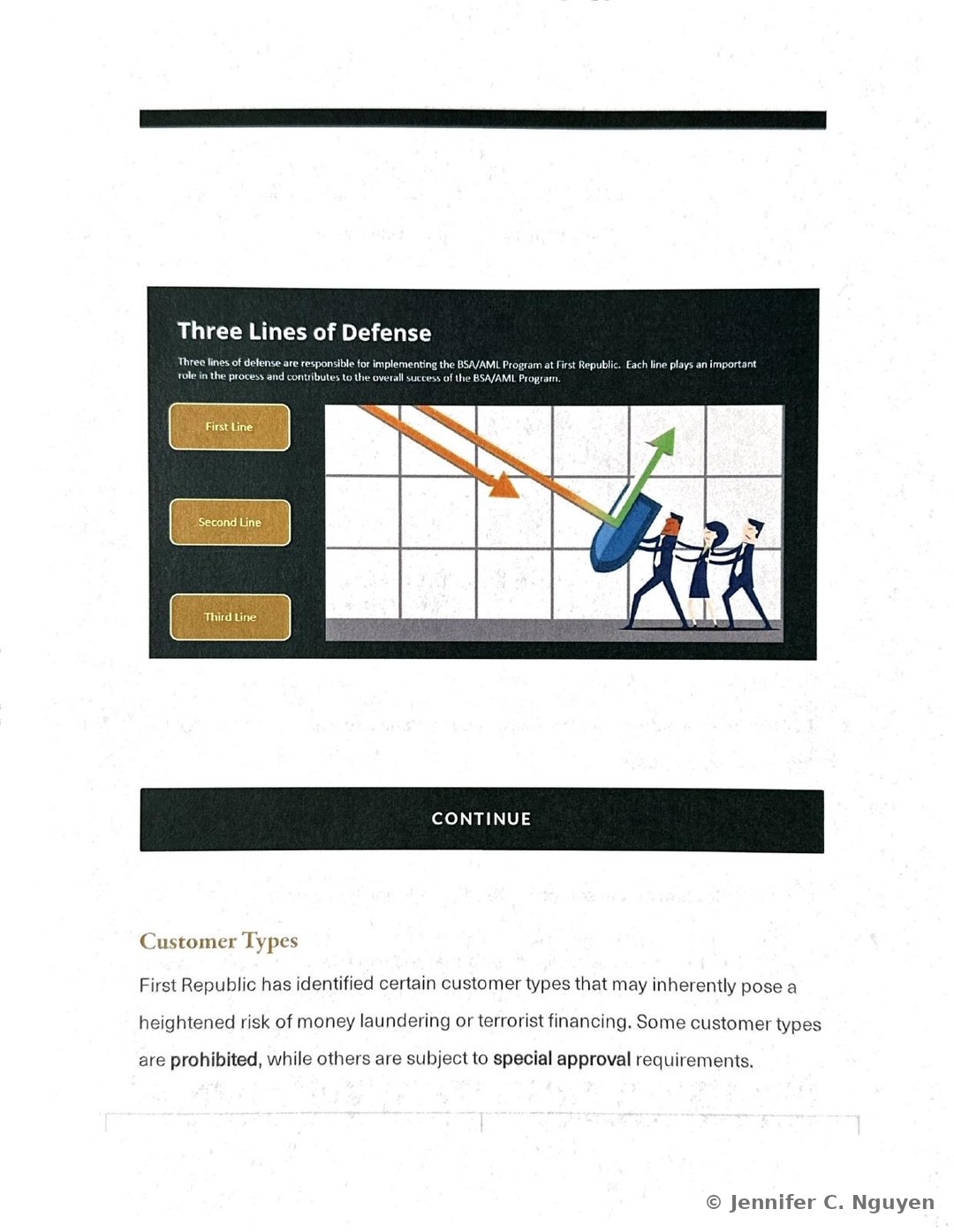 Three Lines of Defense dark banner graphic with First Line, Second Line, and Third Line tab buttons beside an illustrated icon of three figures pushing a large shovel with red and green directional arrows, a CONTINUE button below, and the start of a Customer Types heading and paragraph explaining that First Republic has identified certain customer types that may inherently pose a heightened risk of money laundering or terrorist financing