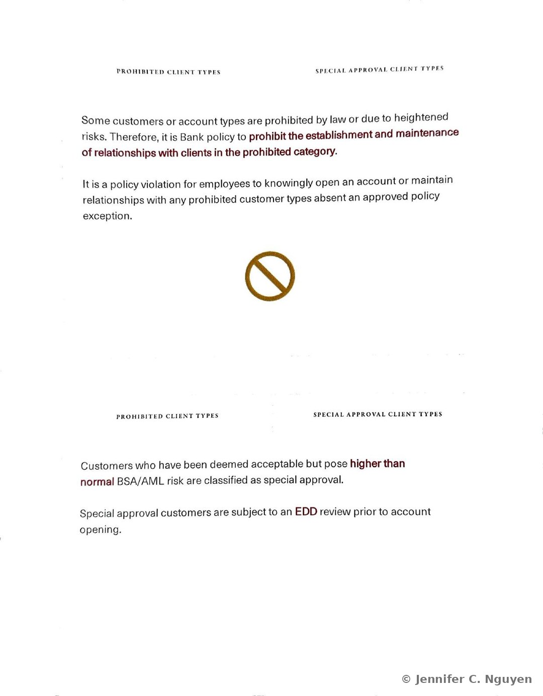 Two-tab Prohibited Client Types and Special Approval Client Types comparison with a prohibition icon, paragraph text stating it is Bank policy to prohibit relationships with clients in the prohibited category absent an approved policy exception, and paragraph text explaining that customers deemed acceptable but posing higher than normal BSA/AML risk are classified as special approval and subject to an EDD review prior to account opening