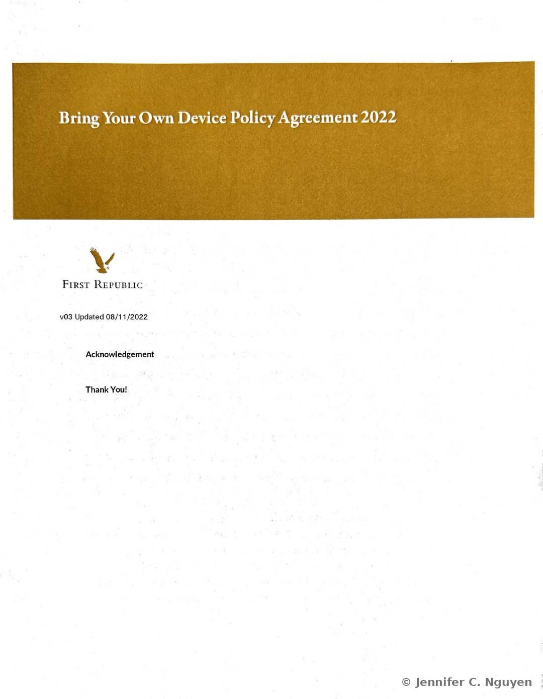 Bring Your Own Device Policy Agreement 2022 course title page with a dark gold header band holding a white serif title, First Republic eagle logo below on a white background, version text reading v03 Updated 08/11/2022, and a short two-item lesson menu listing Acknowledgement and Thank You
