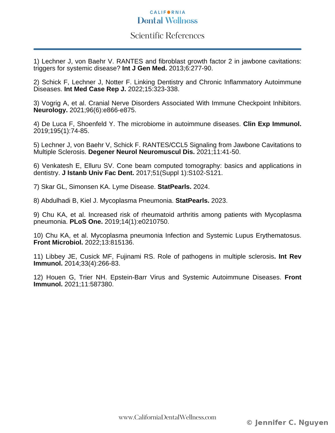 Back of the flyer, a Scientific References page listing twelve numbered peer-reviewed citations on jawbone cavitations, RANTES/CCL5 signaling, autoimmune and neurological conditions, and cone beam CT imaging, formatted in a clean serif layout under the California Dental Wellness logo
