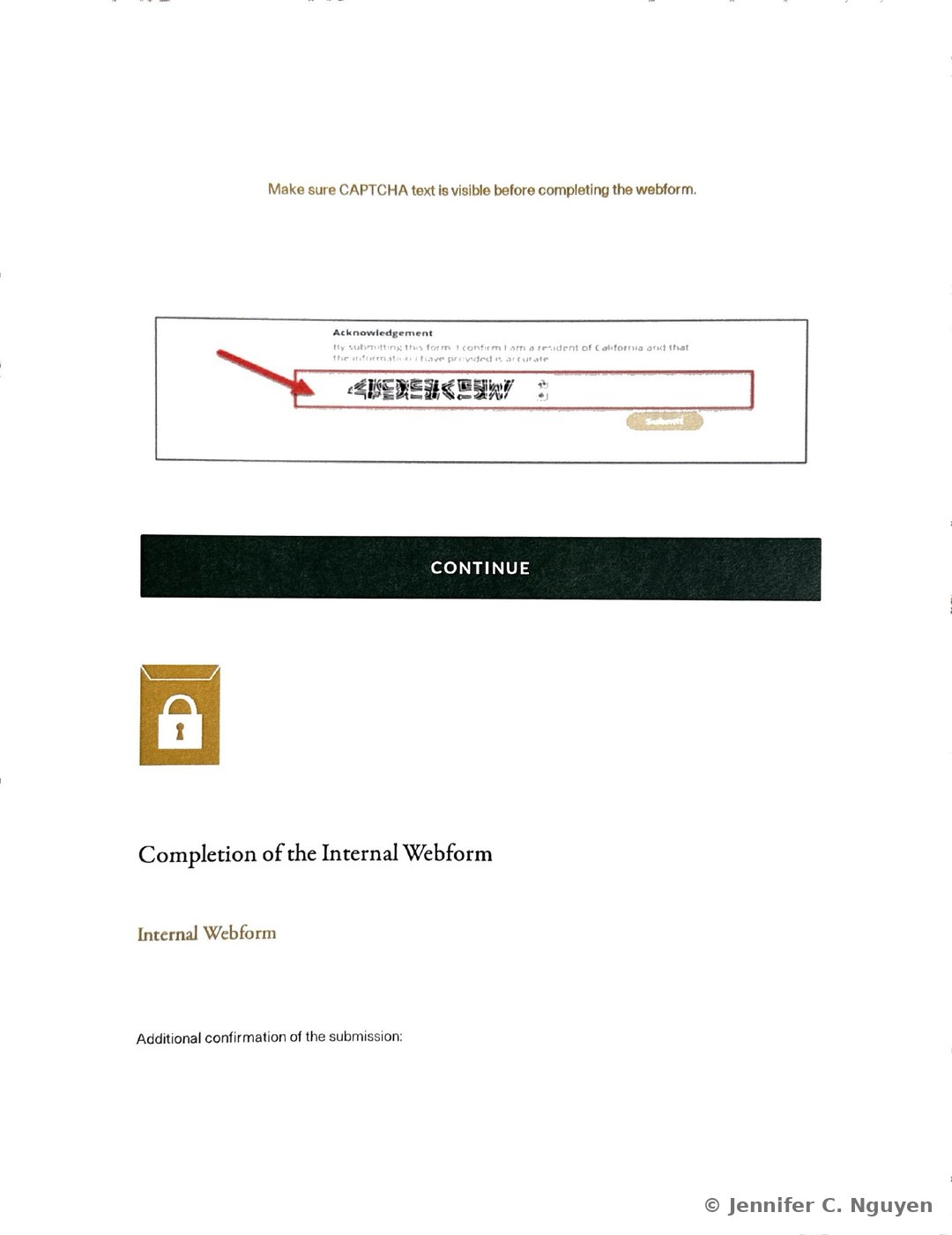 Slide reading Make sure CAPTCHA text is visible before completing the webform above a screenshot of an Acknowledgement box with a distorted CAPTCHA text field circled in red, followed by a lock icon and a Completion of the Internal Webform heading with an Internal Webform subheading and text reading Additional confirmation of the submission