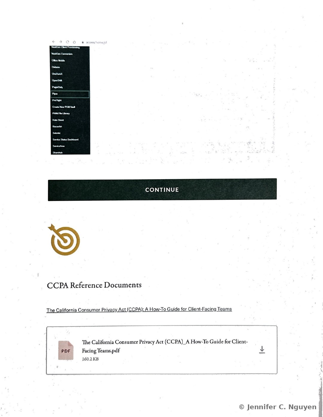 Screenshot continuing the SailPoint access request menu with a Scroll down to Piper instruction above a highlighted Piper entry in the alphabetical application list, followed by a target icon, a CCPA Reference Documents heading, and a linked PDF file card titled The California Consumer Privacy Act (CCPA): A How-To Guide for Client-Facing Teams.pdf
