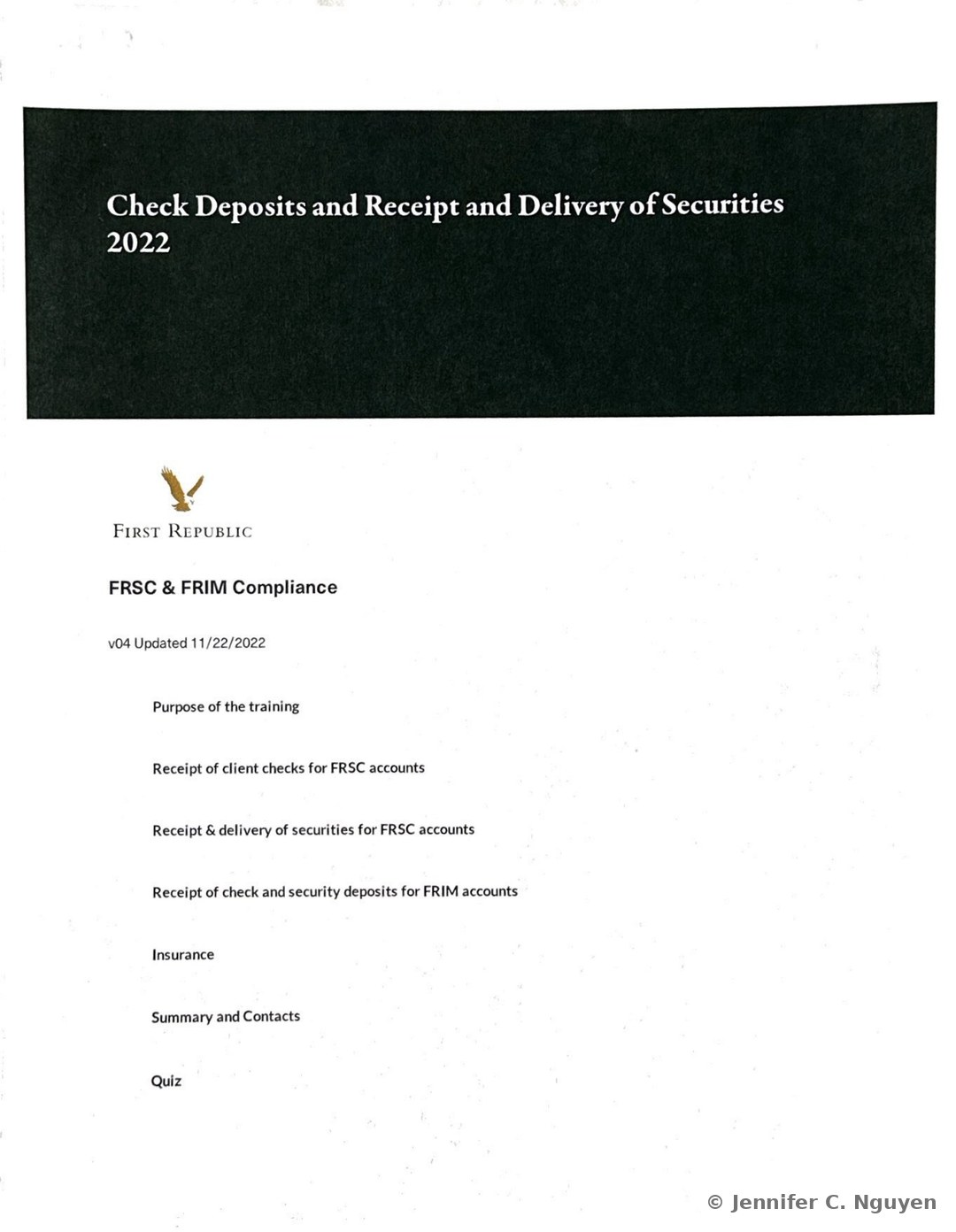 Check Deposits and Receipt and Delivery of Securities 2022 course title page with a dark charcoal header band holding a white serif title, First Republic eagle logo below on a white background, an FRSC and FRIM Compliance subheading, version text reading v04 Updated 11/22/2022, and a seven-item lesson list reading Purpose of the training, Receipt of client checks for FRSC accounts, Receipt and delivery of securities for FRSC accounts, Receipt of check and security deposits for FRIM accounts, Insurance, Summary and Contacts, and Quiz