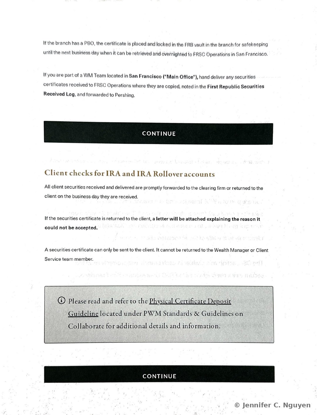 Paragraph explaining that a branch with a PBO locks the certificate in the FRB vault overnight before overnighting it to FRSC Operations, and that a San Francisco Main Office WM Team hand delivers certificates to FRSC Operations to be copied, logged in the First Republic Securities Received Log, and forwarded to Pershing, followed by a Client checks for IRA and IRA Rollover accounts heading explaining that securities are promptly forwarded to the clearing firm or returned to the client with an explanatory letter, and a gray info box referencing the Physical Certificate Deposit Guideline on Collaborate