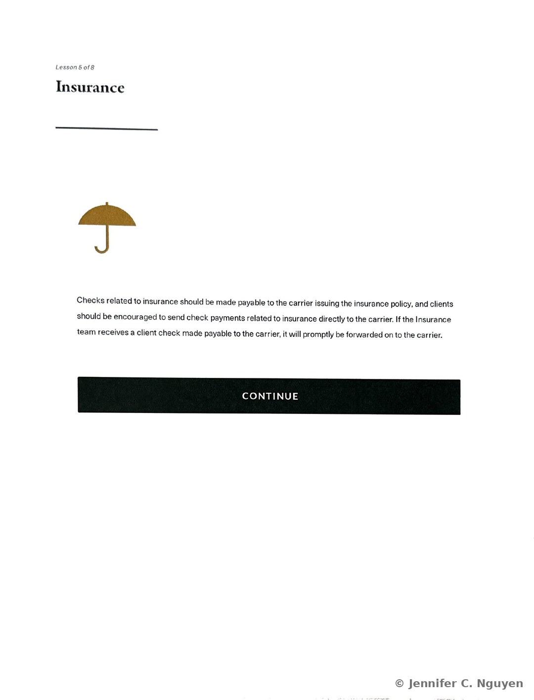 Insurance slide numbered Lesson 5 of 8 with an umbrella icon and a paragraph explaining that checks related to insurance should be made payable to the carrier issuing the policy, that clients should be encouraged to send insurance payments directly to the carrier, and that the Insurance team will promptly forward on any client check made payable to the carrier