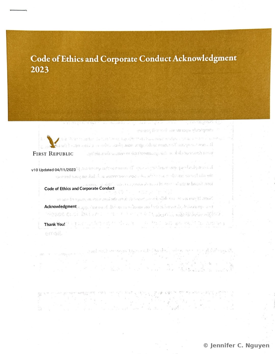 Code of Ethics and Corporate Conduct Acknowledgment 2023 course title page with a mustard gold header band holding a white serif title, First Republic eagle logo below on a white background, version text reading v10 Updated 04/11/2023, and a three-item lesson list reading Code of Ethics and Corporate Conduct, Acknowledgment, and Thank You
