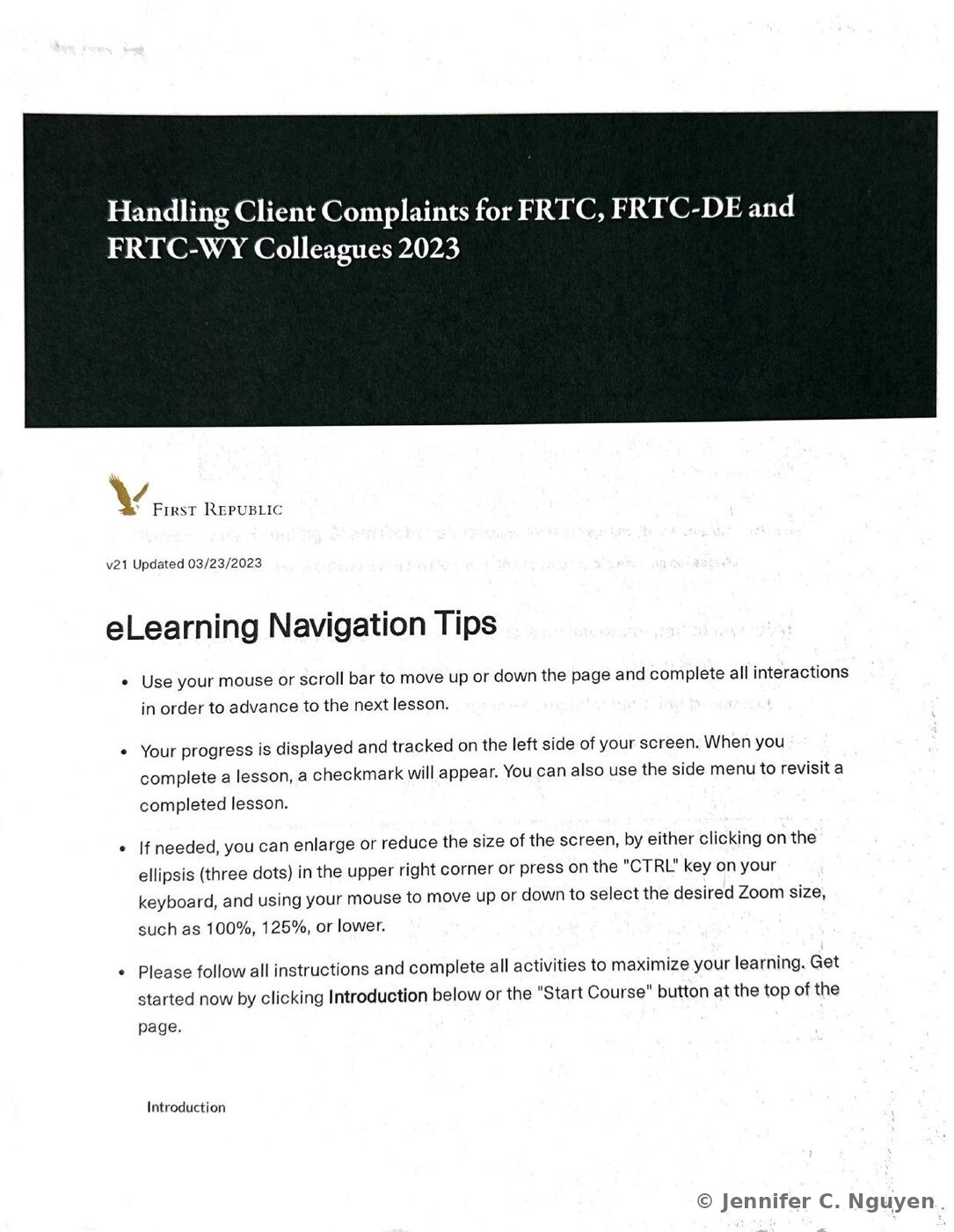 Handling Client Complaints for FRTC, FRTC-DE and FRTC-WY Colleagues 2023 course title page with a dark charcoal header band holding a white serif title, First Republic eagle logo below on a white background, version and update-date text, and an eLearning Navigation Tips section explaining how to scroll through lessons, track progress in the side menu, adjust the zoom level, and start the course