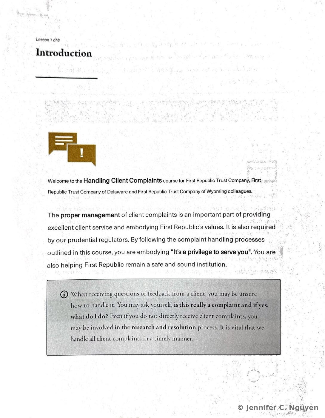 Introduction slide with a gold speech-bubble icon featuring an exclamation point, welcome text introducing the Handling Client Complaints course for First Republic Trust Company, First Republic Trust Company of Delaware, and First Republic Trust Company of Wyoming colleagues, and a gray info callout box posing the question of how to recognize and handle a client complaint
