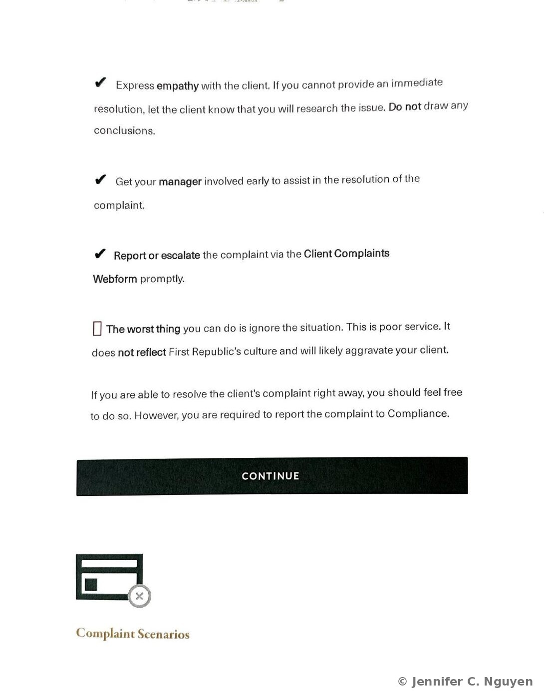 Best practices slide with a bulleted checklist of black checkmark icons covering expressing empathy without drawing conclusions, getting a manager involved early, and reporting or escalating the complaint via the Client Complaints Webform, followed by an unchecked box icon warning that ignoring the situation is the worst thing an employee can do, and a gold document icon introducing the Complaint Scenarios section