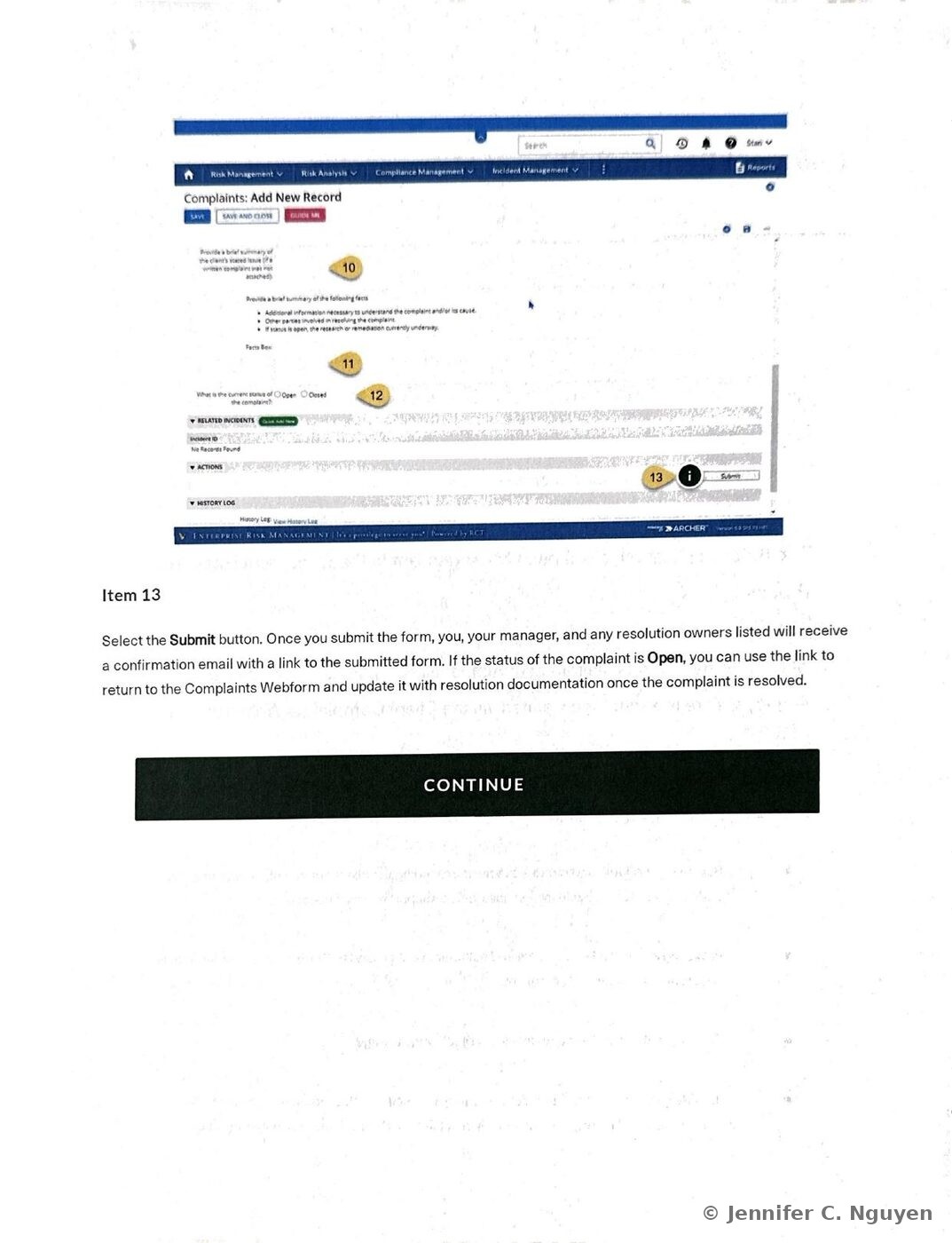Client Complaints Webform Guide screenshot of the Archer-based Complaints Add New Record form with a numbered callout circling the Submit button at the bottom right, paired with instructional text explaining that selecting Submit sends a confirmation email with a link to the submitted form to the employee, their manager, and any resolution owners