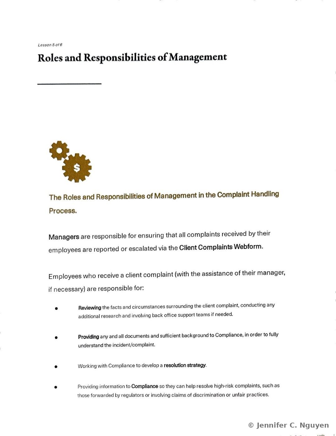 Roles and Responsibilities of Management slide with a gold gear-and-dollar-sign icon, a heading on management's role in the complaint handling process, and a bulleted list stating that managers are responsible for ensuring complaints are reported via the Client Complaints Webform, followed by employee responsibilities covering reviewing facts, providing documentation to Compliance, and developing a resolution strategy