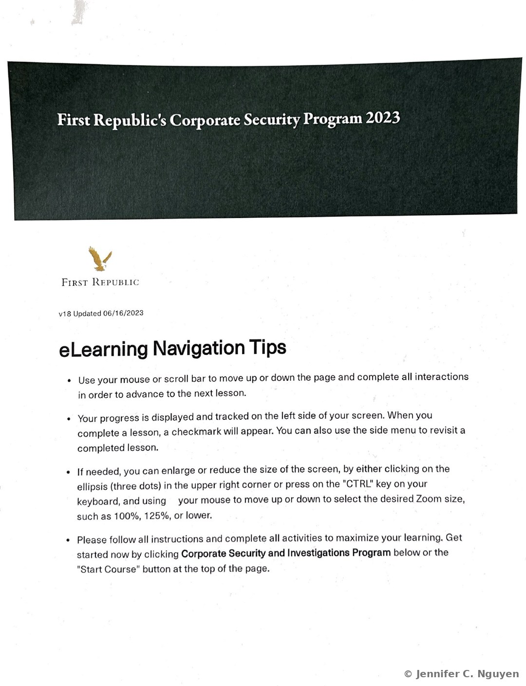 First Republic's Corporate Security Program 2023 course title page with a dark charcoal textured header band holding a white serif title, First Republic eagle logo and wordmark below on a white background, version text reading v18 Updated 06/16/2023, and an eLearning Navigation Tips heading beginning a four-bullet list of scrolling, progress tracking, zoom, and completion instructions