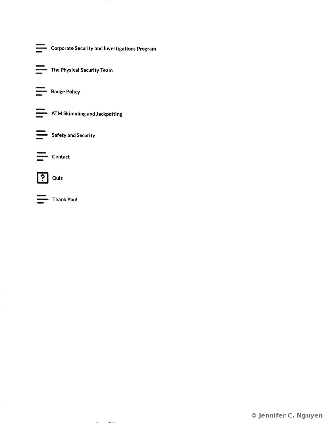 Continuation of the eLearning Navigation Tips instructing colleagues to click Corporate Security and Investigations Program or the Start Course button, followed by a vertical lesson menu with icon markers listing Corporate Security and Investigations Program, The Physical Security Team, Badge Policy, ATM Skimming and Jackpotting, Safety and Security, Contact, a question-mark Quiz icon, and Thank You