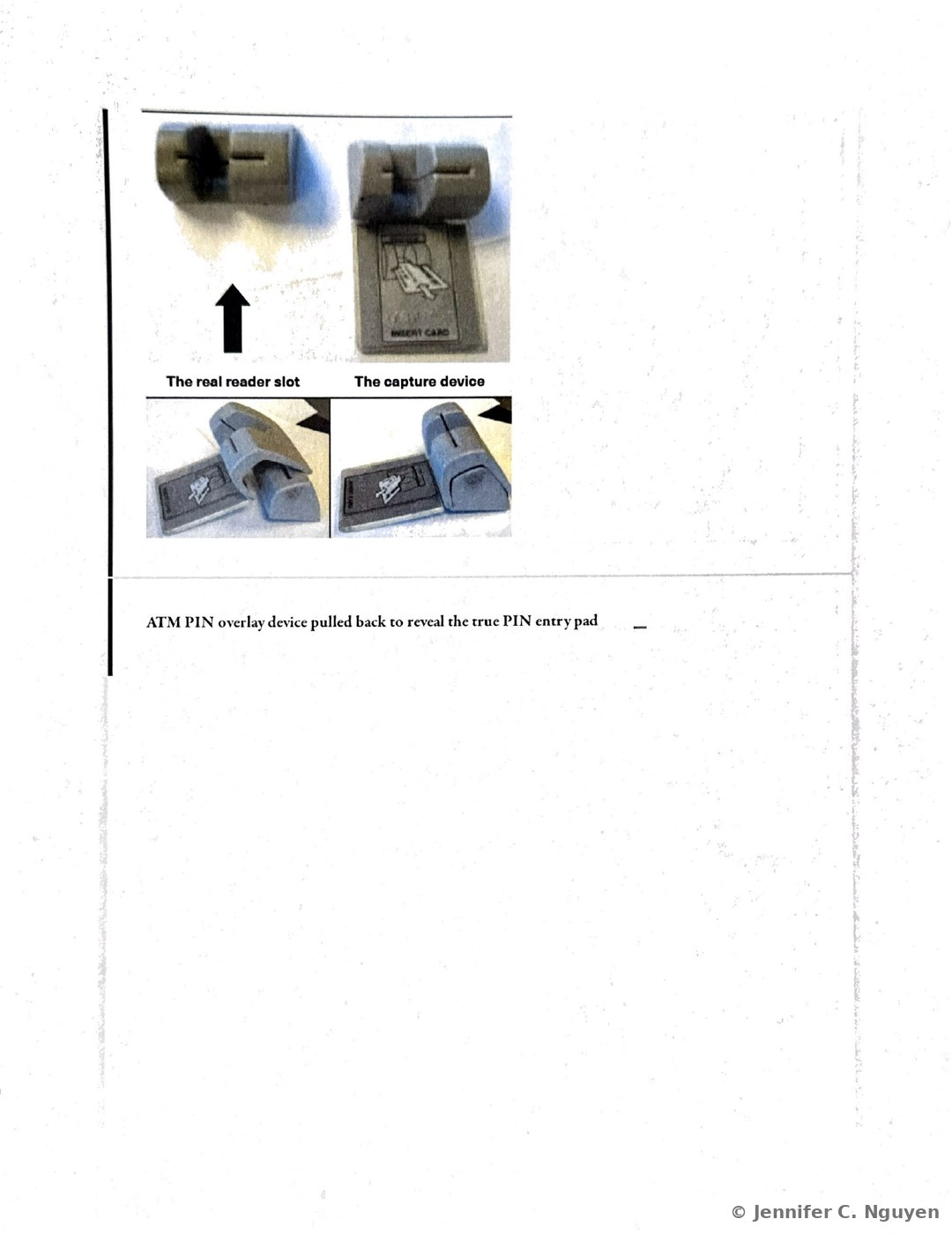 Lesson 4 of 8 ATM Skimming and Jackpotting title page with a gold magnifying-glass-over-card icon, a What is ATM Skimming heading defining skimming as the act of using a device to illegally collect and store data obtained from the magnetic stripe of a credit or debit card that is then stored on the device or sent electronically to an off-site storage device such as a criminal's computer, and a black Continue bar beginning a Types of devices all over the world list