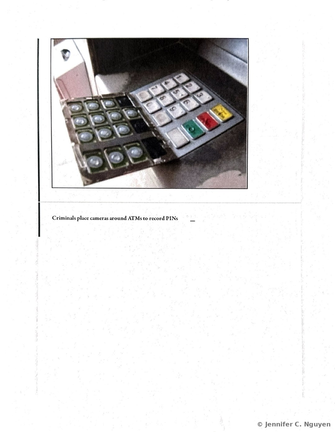 Side-by-side photographs comparing a genuine ATM card reader slot to an attached skimming capture device shaped to fit over it, two additional close-up photos showing the capture device being lifted away from the real reader, and a caption reading ATM PIN overlay device pulled back to reveal the true PIN entry pad