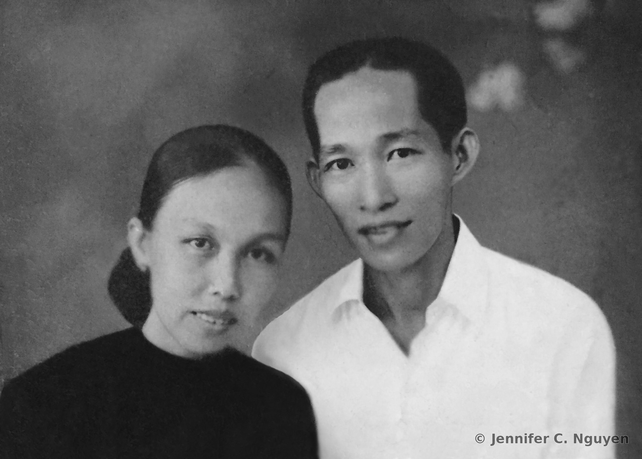Digitally restored version of the same photograph, tears and surface damage repaired, dust and scratches removed, tone corrected to balance exposure across the frame, and cropped to remove the damaged borders