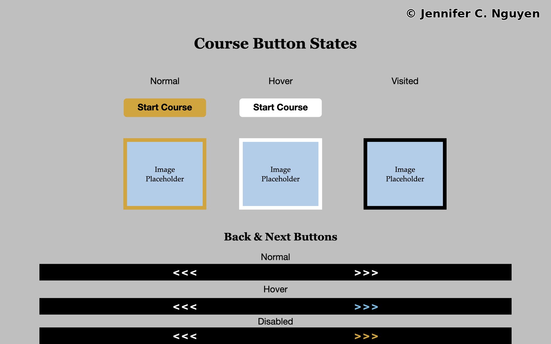 Course button states design reference on grey background showing Start Course button in normal gold and hover white states, image placeholder buttons with gold normal border, white hover border, and black visited border showing Normal Hover and Visited states, plus back and next navigation buttons in normal, hover with teal arrows, and disabled with gold arrows states