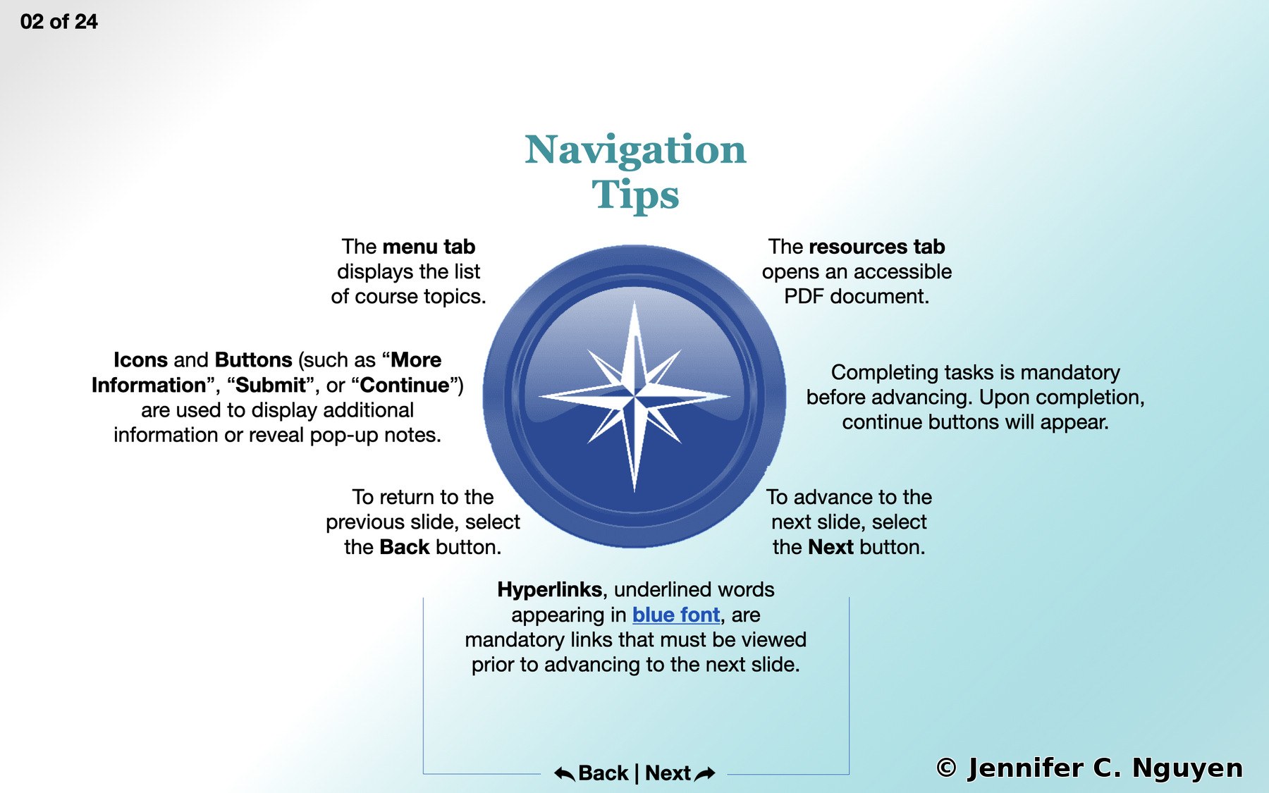 Navigation tips slide with a teal to white gradient background and a slide counter reading 02 of 24 in the top left, featuring a blue compass rose graphic in the center, navigation instructions arranged radially around it covering the menu tab, resources tab, icons and buttons, mandatory task completion, the Back and Next buttons, and hyperlinks shown in blue font