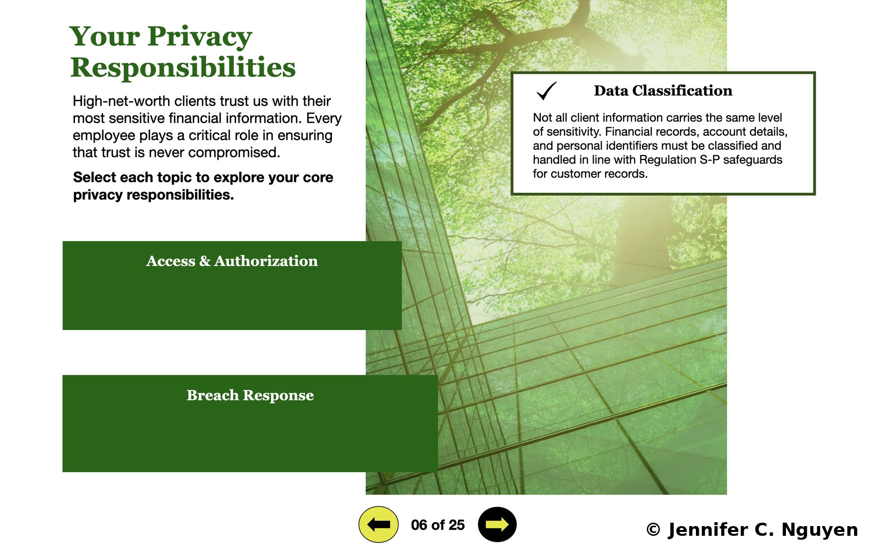 Your Privacy Responsibilities slide with a slide counter reading 06 of 25 in the bottom left, white left panel showing the title, two paragraphs of body text, and a Select each topic instruction, right panel showing a glass building with a green tree canopy overlay, a white bordered Data Classification box with a checkmark showing its visited state and content citing Regulation S-P safeguards for customer records, two dark green clickable topic bars below for Access and Authorization and Breach Response