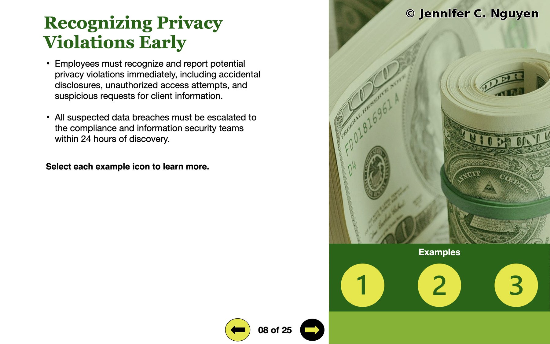 Recognizing Privacy Violations Early slide with a slide counter reading 08 of 25 in the bottom left, white left panel showing the title in dark green, two bullet points about reporting violations immediately and escalating suspected data breaches to compliance and information security within 24 hours, a Select each example icon instruction, right panel showing a rolled cash bills photo with a green tint, dark green Examples band with three yellow numbered circle buttons