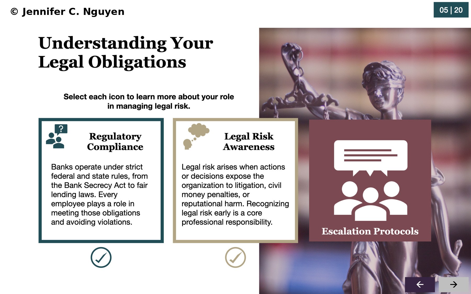 Understanding Your Legal Obligations interactivity slide with a slide counter reading 05 | 20 in the top right, showing visited state with the first two cards expanded revealing content, teal card showing a Regulatory Compliance description citing the Bank Secrecy Act and fair lending laws, tan card showing a Legal Risk Awareness description about litigation and reputational harm, teal and tan checkmarks below the completed cards, burgundy Escalation Protocols card still in normal state