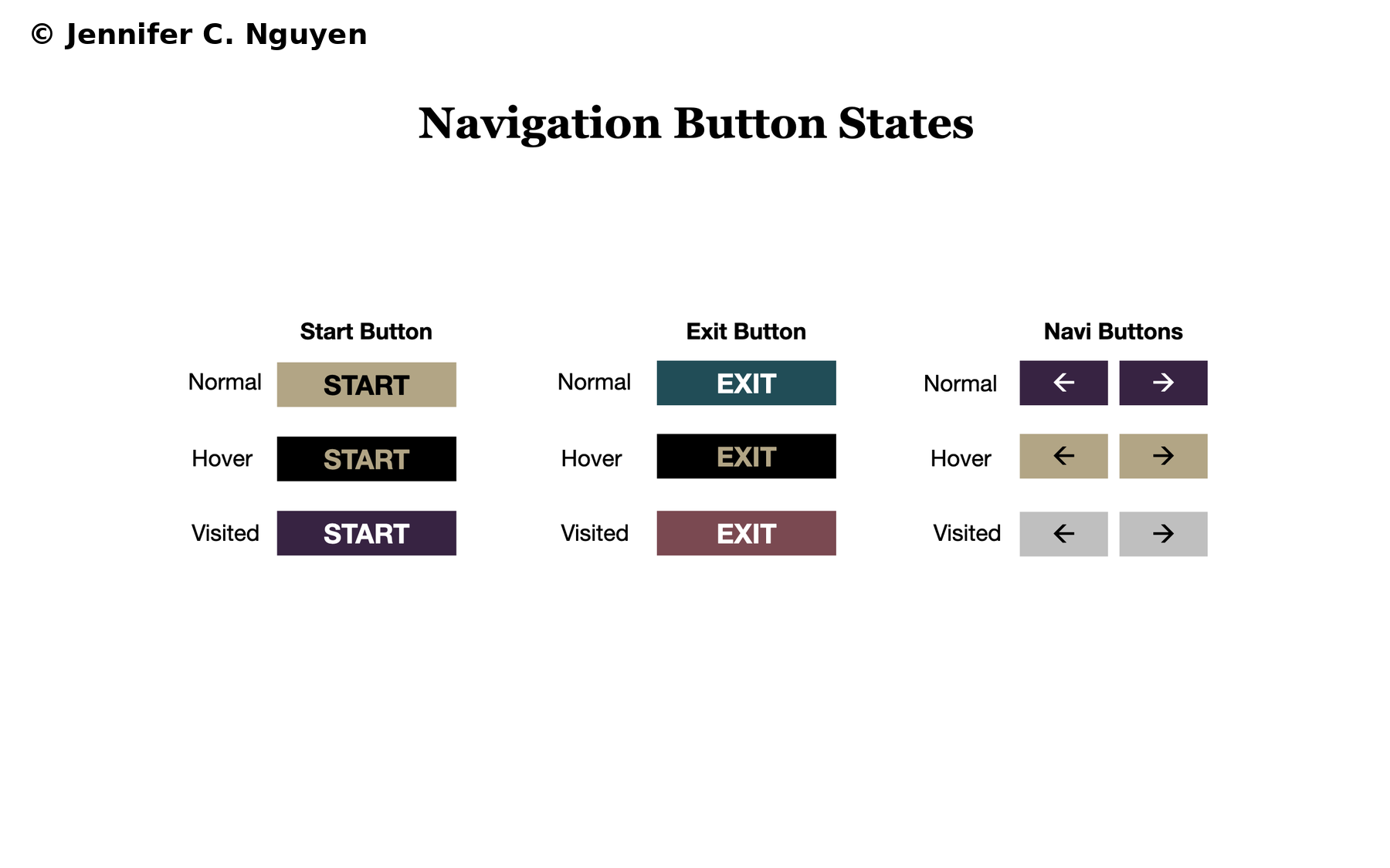 Navigation Button States reference slide on white background showing three columns for Start Button, Exit Button, and Navi Buttons, each with Normal, Hover, and Visited states using tan to black to purple progression for Start, teal to black to burgundy for Exit, and purple to tan to grey for the navigation arrows