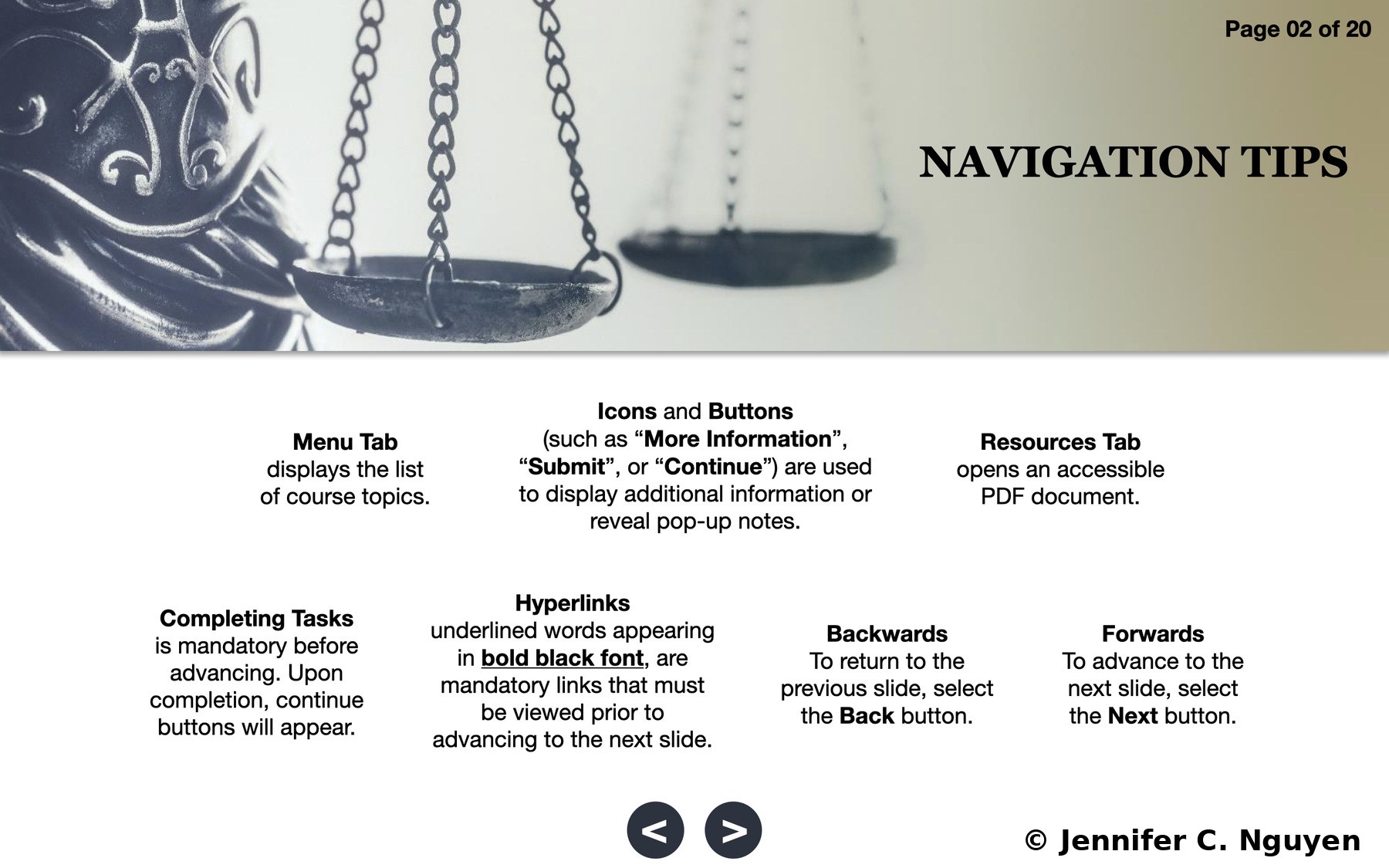Navigation Tips slide with black and white photo of a hanging scale of justice across the top banner, bold serif Navigation Tips heading, seven navigation instructions arranged in a two-row grid covering Menu Tab, Icons and Buttons, Resources Tab, Completing Tasks, Hyperlinks in bold black font, Backwards, and Forwards, dark rounded Back and Next navigation buttons, slide counter reading Page 02 of 20