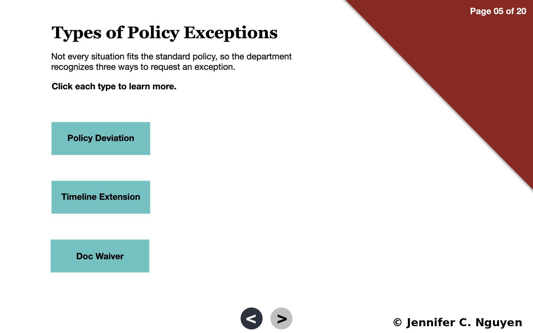 Types of Policy Exceptions slide with bold serif title, introductory sentence about the department recognizing three ways to request an exception, Click each type to learn more instruction, three teal accordion buttons labeled Policy Deviation, Timeline Extension, and Doc Waiver in unrevealed state, red triangle accent in upper right corner, slide counter reading Page 05 of 20