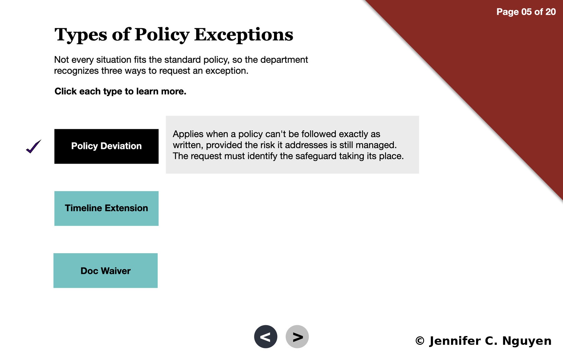 Types of Policy Exceptions slide with the Policy Deviation accordion button revealed in black with a checkmark, grey content box showing description text about applying when a policy can't be followed exactly as written provided the risk it addresses is still managed, Timeline Extension and Doc Waiver buttons still in teal unrevealed state, slide counter reading Page 05 of 20