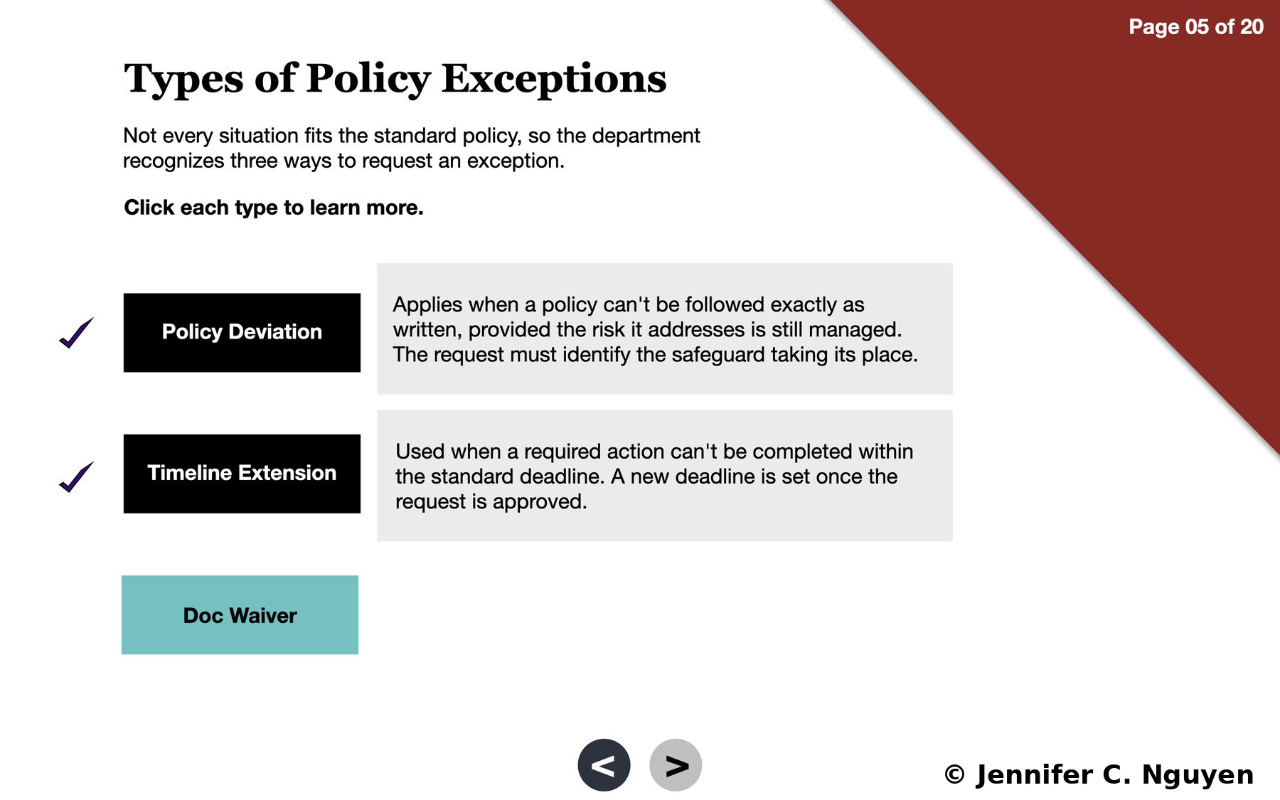 Types of Policy Exceptions slide with Policy Deviation and Timeline Extension accordion buttons both revealed in black with checkmarks and grey content boxes describing each exception type, Doc Waiver button still in teal unrevealed state, slide counter reading Page 05 of 20