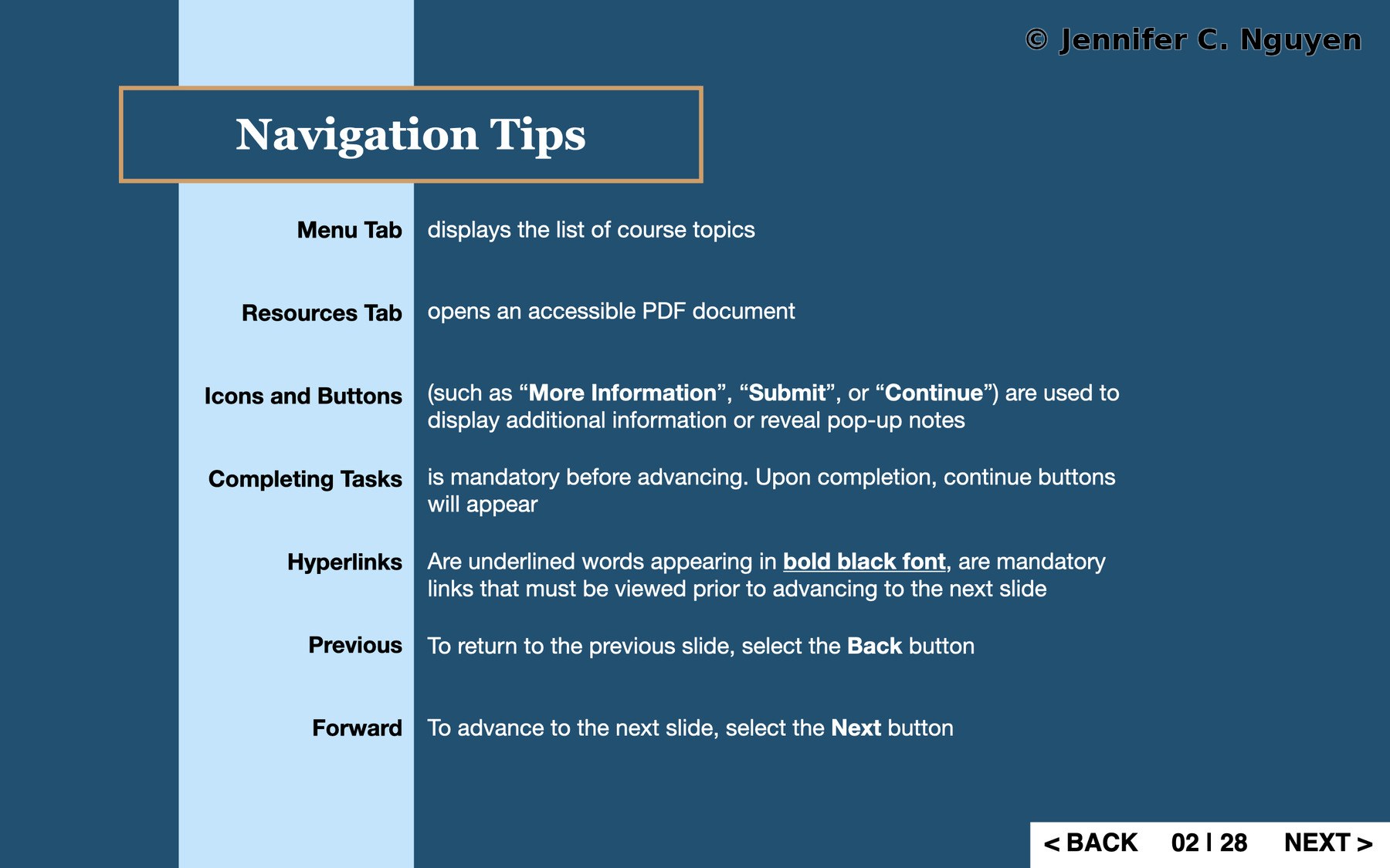 Navigation Tips slide on navy background with light blue vertical stripe accent, tan-bordered title box, seven navigation instructions arranged in two columns covering menu tab, resources tab, icons and buttons, completing tasks, hyperlinks, previous, and forward, back and next buttons in bottom right, slide counter reading 02 | 28