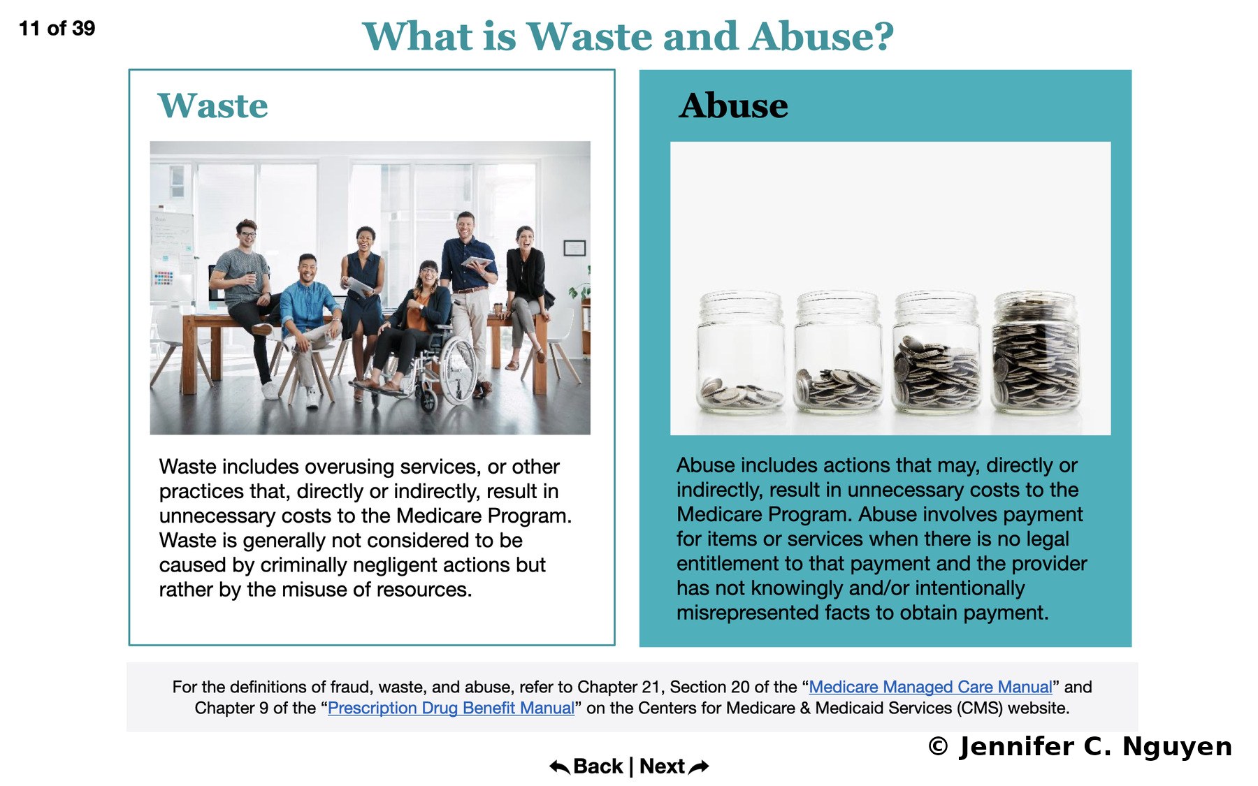 What is Waste and Abuse? slide with two side-by-side bordered panels, a white panel with a group photograph and definition of waste, and a teal panel with a photograph of coin-filled jars and a definition of abuse, gray citation bar below citing Chapter 21 Section 20 of the Medicare Managed Care Manual and Chapter 9 of the Prescription Drug Benefit Manual, slide counter reading 11 of 39