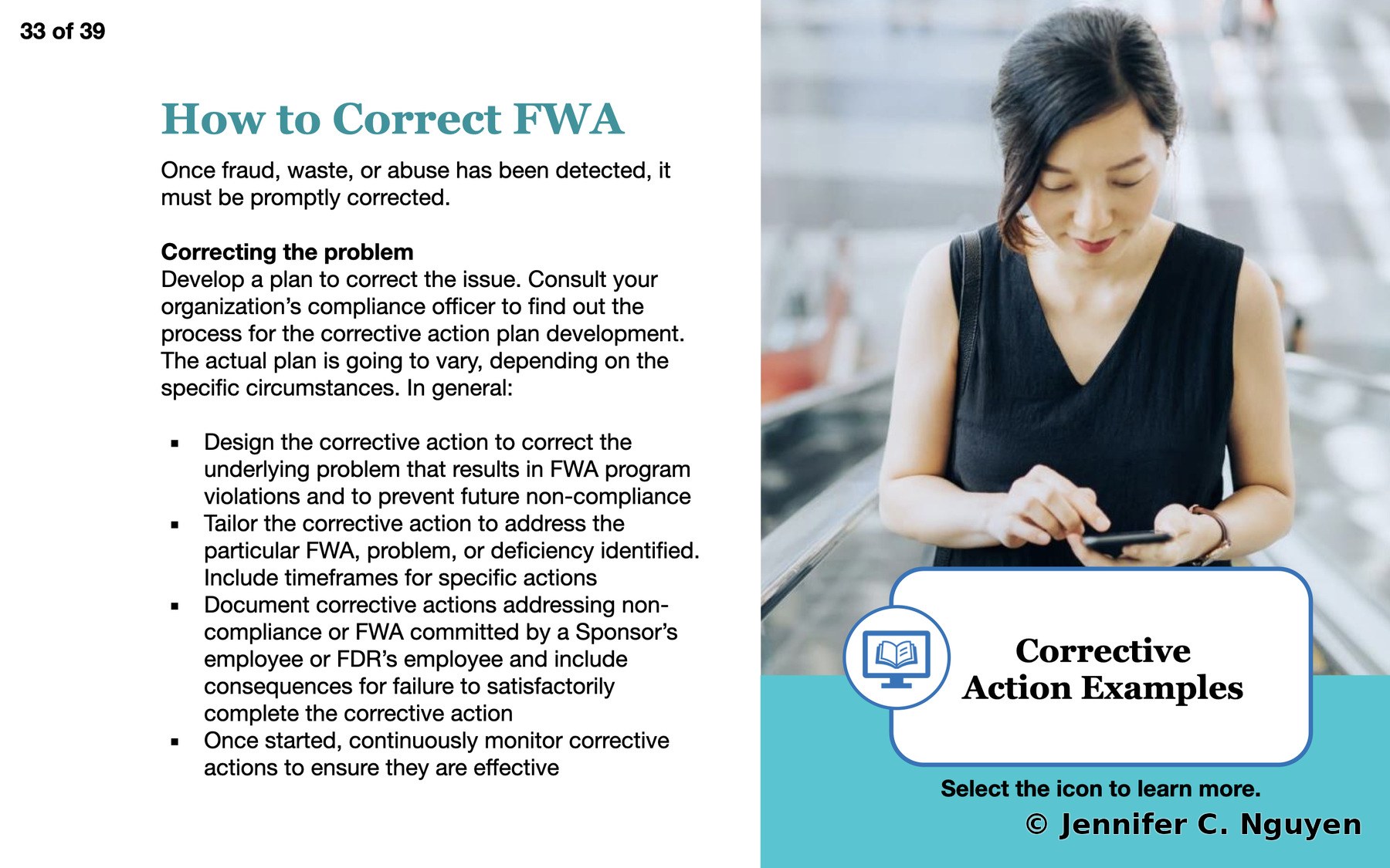 How to Correct FWA slide with black body text outlining a four-item bulleted corrective action plan process under a Correcting the problem subheading, photograph of a woman checking her phone on the right, white rounded callout box reading Corrective Action Examples with a workbook icon, instruction reading Select the icon to learn more, slide counter reading 33 of 39