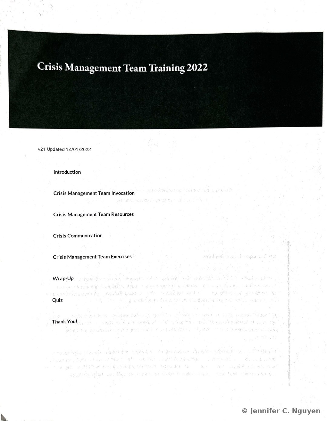 Crisis Management Team Training 2022 course title page with a dark charcoal header band holding a white serif title, version text reading v21 Updated 12/01/2022, and an eight-item lesson list reading Introduction, Crisis Management Team Invocation, Crisis Management Team Resources, Crisis Communication, Crisis Management Team Exercises, Wrap-Up, Quiz, and Thank You